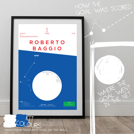 Infographic football art print celebrating Roberto Baggio's famous goal for Italy at the 1990 World Cup