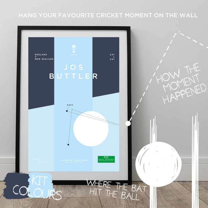 Infographic cricket poster illustrating Jos Buttler winning the 2019 Cricket World Cup for England. The perfect gift for any England cricket fan