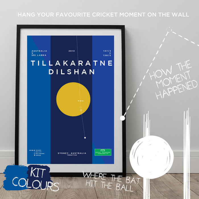 Infographic cricket poster illustrating Dilshan hitting a superb ramp shot for Sri Lanka.