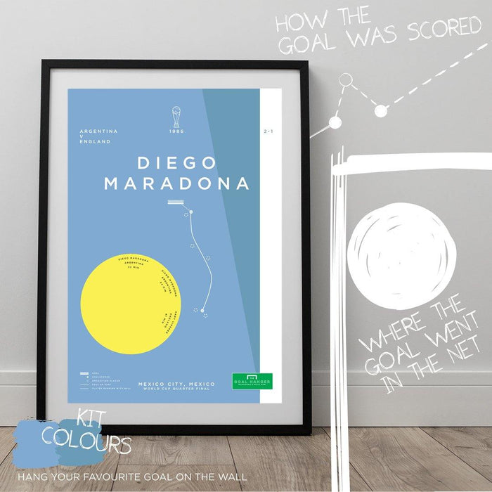 Football art print mapping out Diego Maradona's iconic run solo goal for Argentina against England at the 1986 World Cup. The perfect gift for any Argentina football fan. What is your favourite ever football goal? Hang it on the wall with The Goal Hanger's abstract football posters.