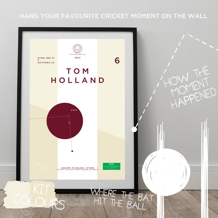 Infographic Cricket Poster illustrating Tom Holland hitting a superb shot. The ideal gift for any Cricket fan.