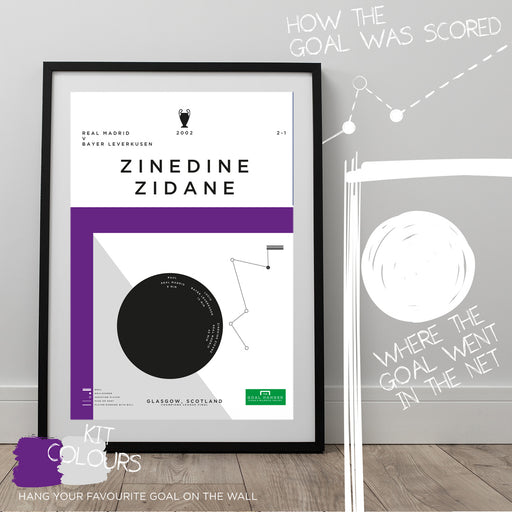 Football art poster illustrating Zinedine Zidane’s iconic volley for Real Madrid in the 2002 Champions League final. The perfect gift idea for any Real Madrid football fan.