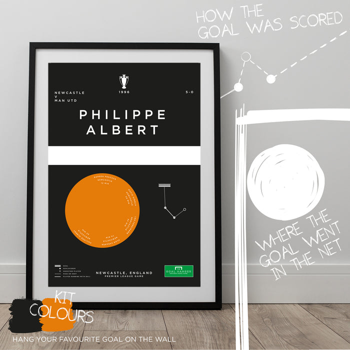 Football art poster illustrating Philippe Albert’s iconic chip for Newcastle in the 1996 Premier League. The perfect gift idea for any Newcastle football fan.