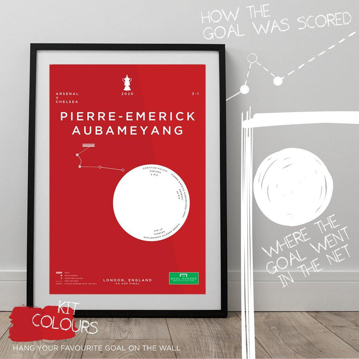 Football art poster illustrating Pierre-Emerick Aubameyang’s FA Cup winning goal for Arsenal in 2020. The perfect gift idea for any Arsenal football fan.