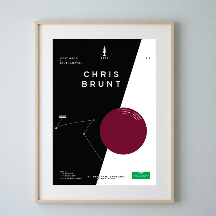 Infographic football art print celebrating Chris Brunt scoring for West Brom