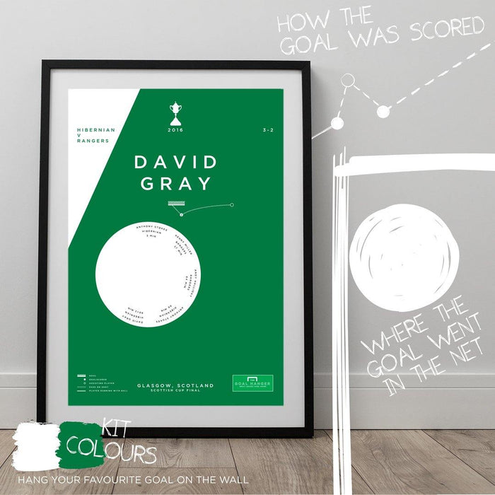 Football art print mapping out David Gray scoring a winning goal for Hibernian against Rangers in the 2016 Scottish Cup final. The perfect gift idea for any Hibs fan. Hang your favourite football goal on the wall with The Goal Hanger's abstract football goal posters.