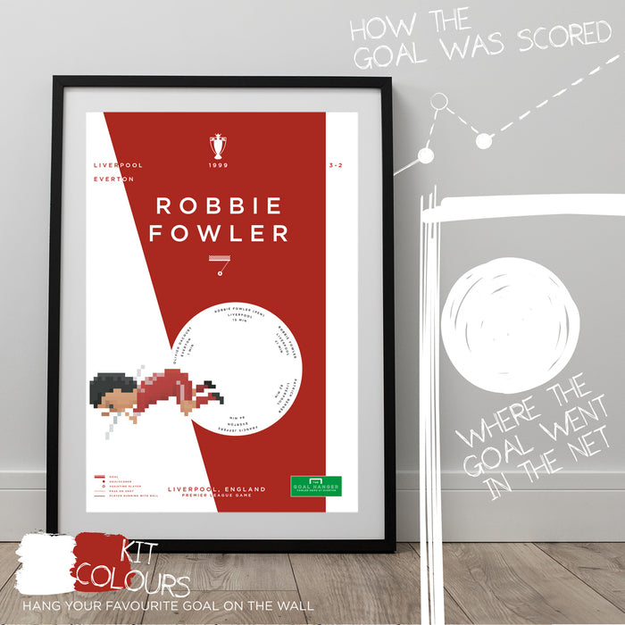 Infographic football artwork illustrating Robbie Fowler scoring and celebrating in style for Liverpool in the Premier League against Everton.