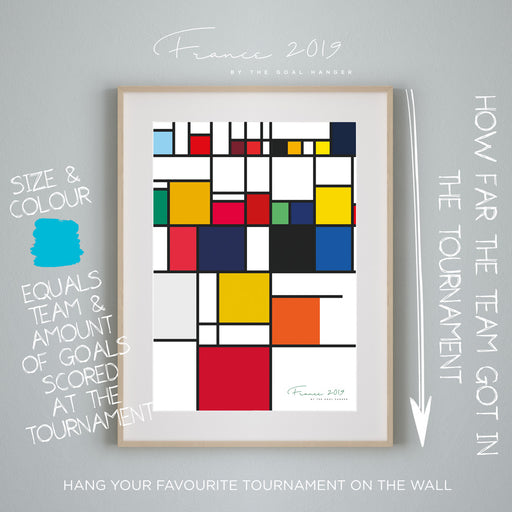 Infographic football poster illustrating all of the goal scored at the Women's World Cup in 2019. Football art inspired by data and Mondrian