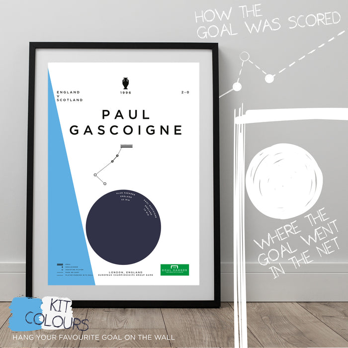Data inspired football artwork illustrating the moment Paul Gascoigne scored that iconic goal for England against Scotland at Euro 96