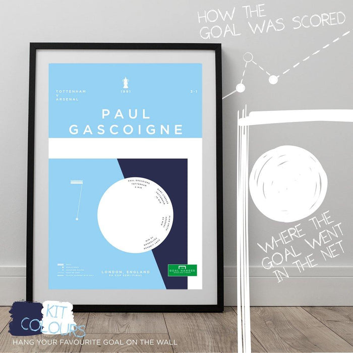 Football art print illustrating Paul Gascoigne's iconic free kick for Tottenham against Arsenal in the FA Cup. The perfect gift idea for any Spurs fan. What is the greatest Tottenham goal of all time? Hang it on your wall with The Goal Hanger's infographic football posters.