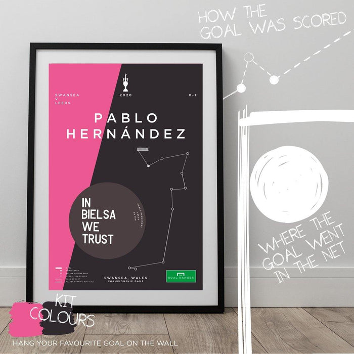 Infographic football art print illustrating Pablo Hernandez's goal for Leeds Utd against Swansea in the 2020 Championship to gain promotion. The perfect gift idea for any Leeds Utd fan. What is the greatest Leeds goal of all time? Hang it on the wall with The Goal Hanger's infographic football posters.
