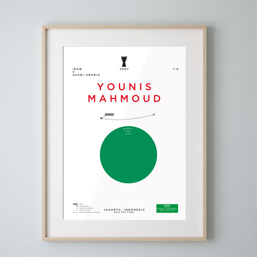 Infographic Art print celebrating Younis Mahmoud scoring a winner for Iraq in the 2007 Asia Cup Final