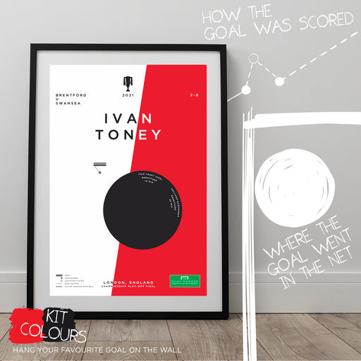 Ivan Toney infographic football poster celebrating Brentford winning goal which got them Premier League status