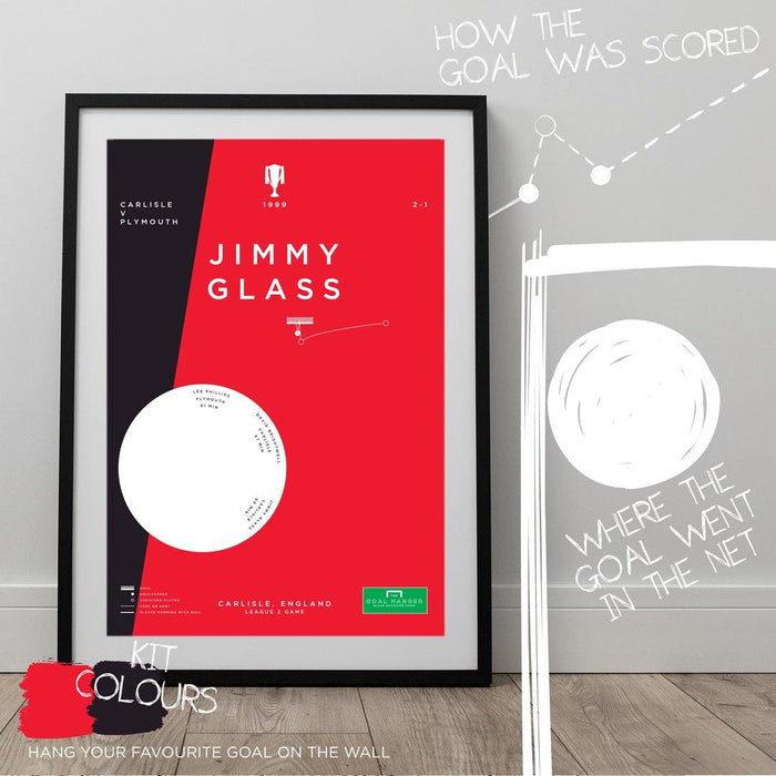 Football art poster illustrating Jimmy Glass scoring an iconic last minute goal for Carlisle. The perfect gift idea for any Carlisle football fan.