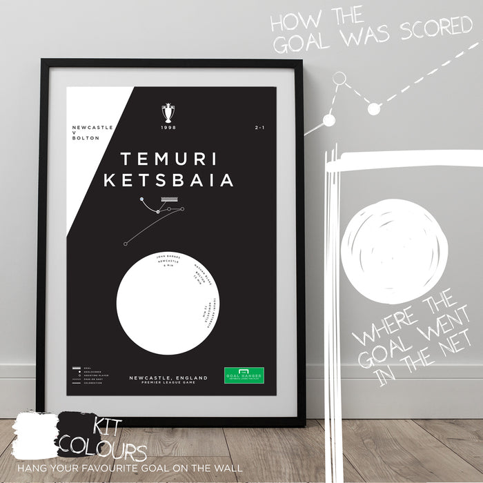 Infographic art print mapping out Temuri Ketsbaia scoring and celebrating like a madman for Newcastle