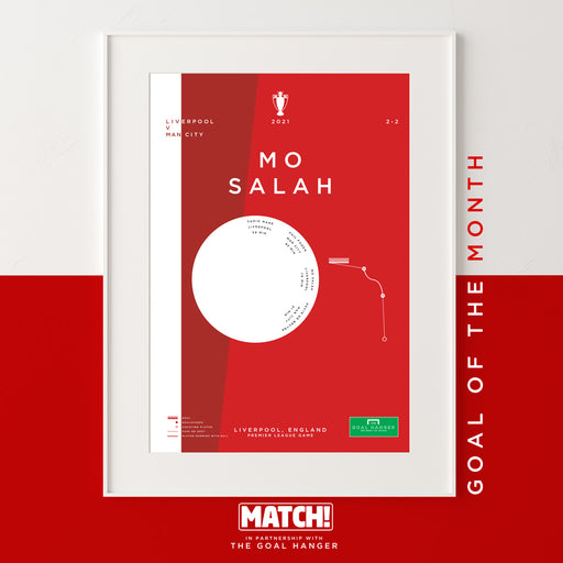 Infographic football art print celebrating Mo Salah scoring a superb solo goal for Liverpool against Man City in the 2021/22 Premier League season