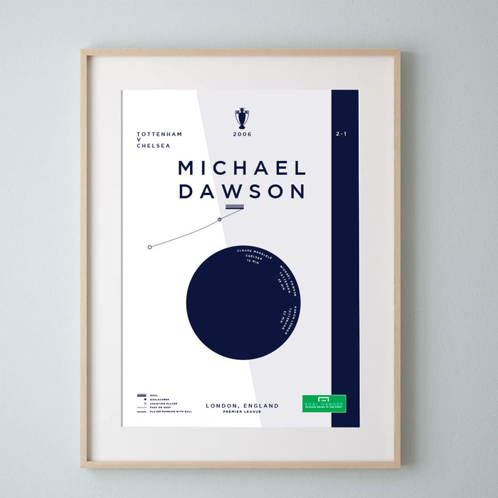 Michael Dawson infographic football art print illustrating his goal for Tottenham against Chelsea