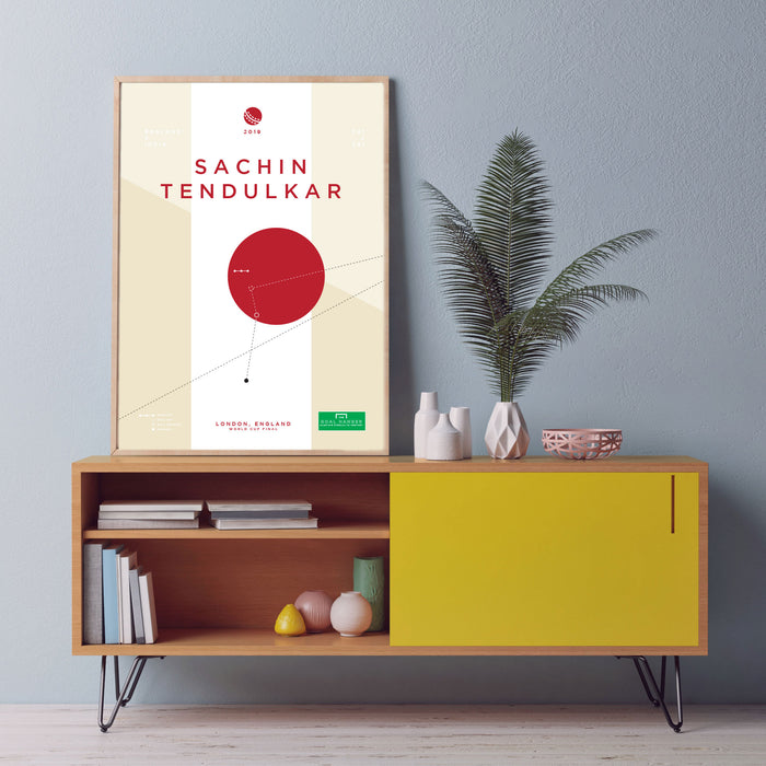 Infographic cricket print illustrating Sachin Tendulkar completing his first century for England against India
