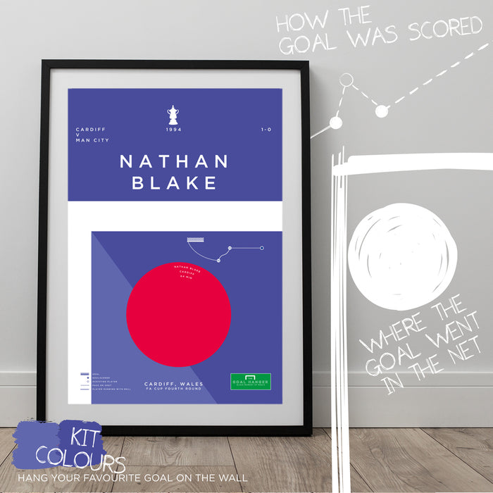 Infographic football poster celebrating Nathan Blake scoring a superb goal for Cardiff against Man City in the 1994 FA Cup