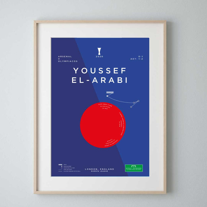 Infographic art print celebrating Youssef El-Arabi scoring a winner for Olympiacos against Arsenal in the Europa League 