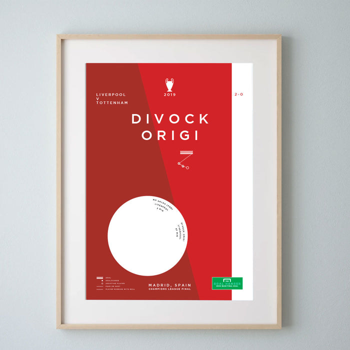 Infographic art print illustrating Divock Origi scoring in the 2019 Champions League Final for Liverpool