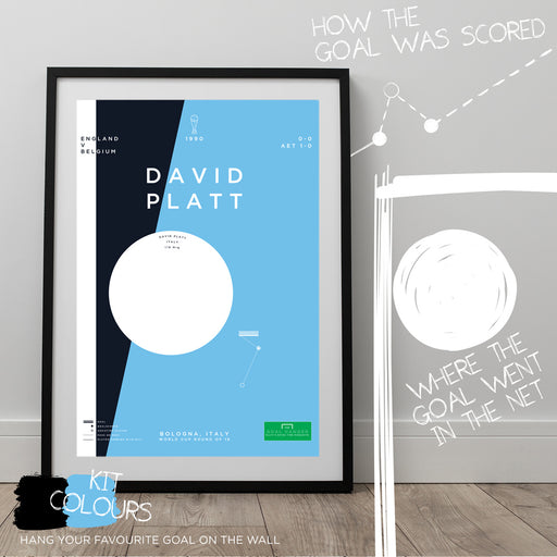 Infographic football artwork illustrating David Platt scoring an iconic volley for England against Belgium at Italia 90