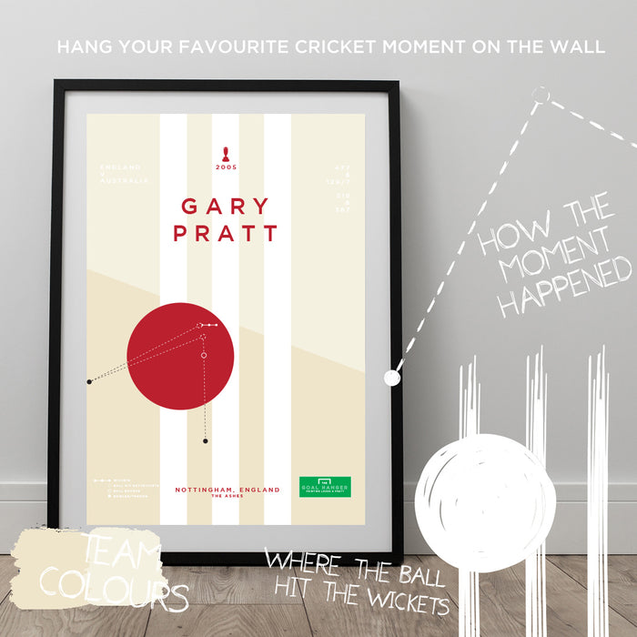 Infographic cricket poster illustrating Gary Pratt getting a superb run out for England in the 2005 Ashes.