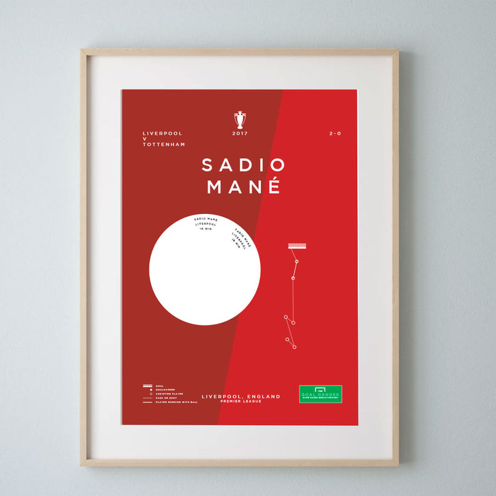 Sadio Mane infographic football art print illustrating his Liverpool goal against Tottenham in 2017
