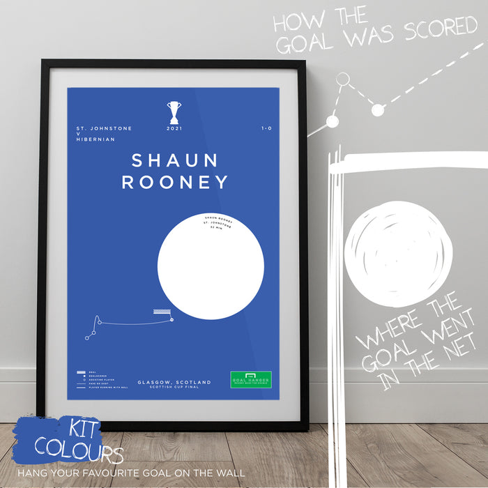 Infographic football art print celebrating Shaun Rooney scoring a famous goal for St Johnstone in the 2021 Scottish cup final