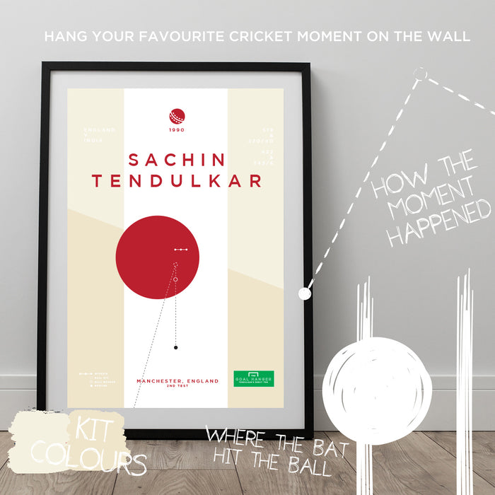 Infographic cricket print illustrating Sachin Tendulkar completing his first century for England against India