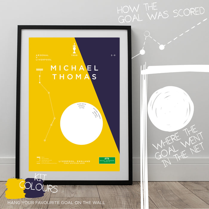 Football art print of Michael Thomas' last minute title winning goal for Arsenal against Liverpool in 1989. The perfect gift idea for any Arsenal football fan. What is the greatest Arsenal football goal of all time? Hang it on the wall with The Goal Hanger's infographic football posters.