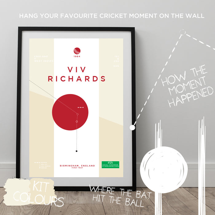 Infographic cricket poster illustrating Viv Richards scoring a superb innings for England against Sri Lanka