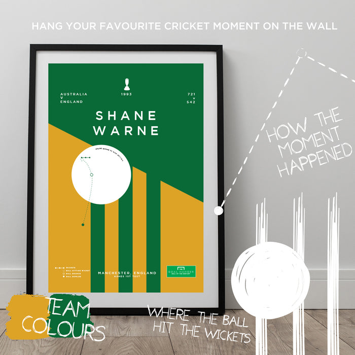 Infographic cricket poster illustrating Shane Warne's ball of the Century in the 1993 Ashes 