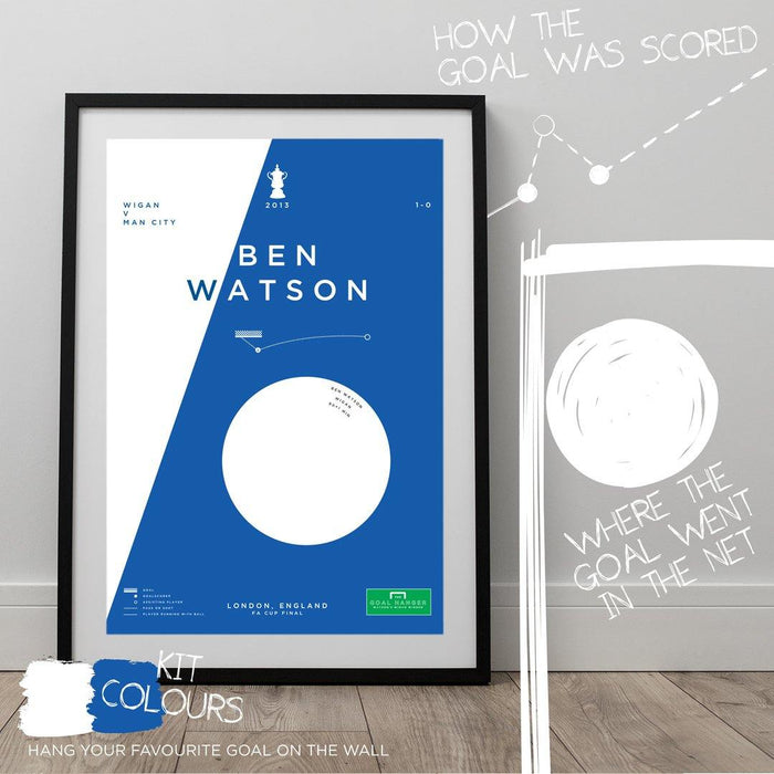 Football art poster illustrating Ben Watson’s iconic header goal for Wigan in the 2013 FA Cup Final. The perfect gift idea for any Wigan football fan.