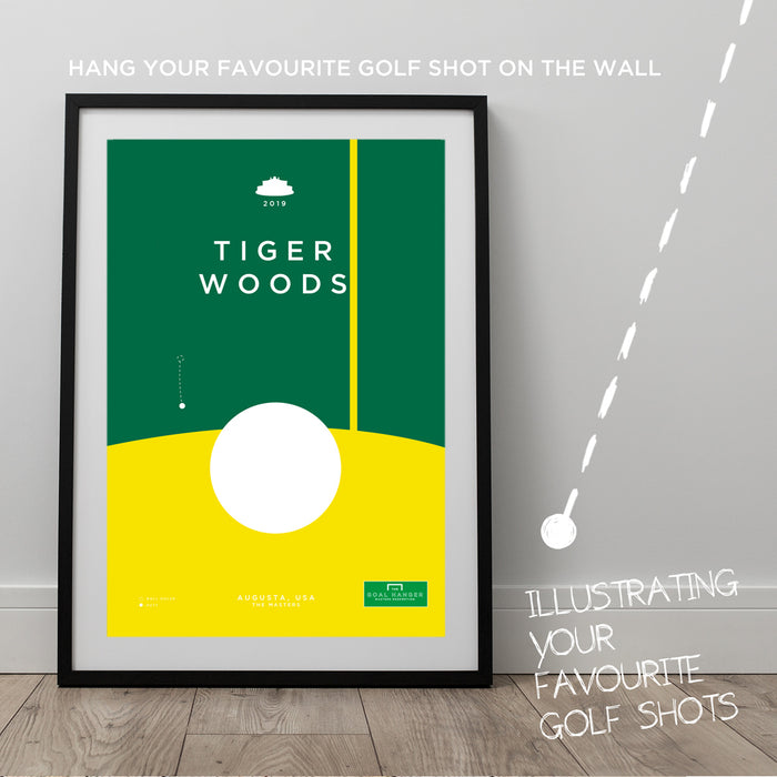 Infographic golf art print celebrating Tiger Woods holing a famous put to claim redemption in 2019