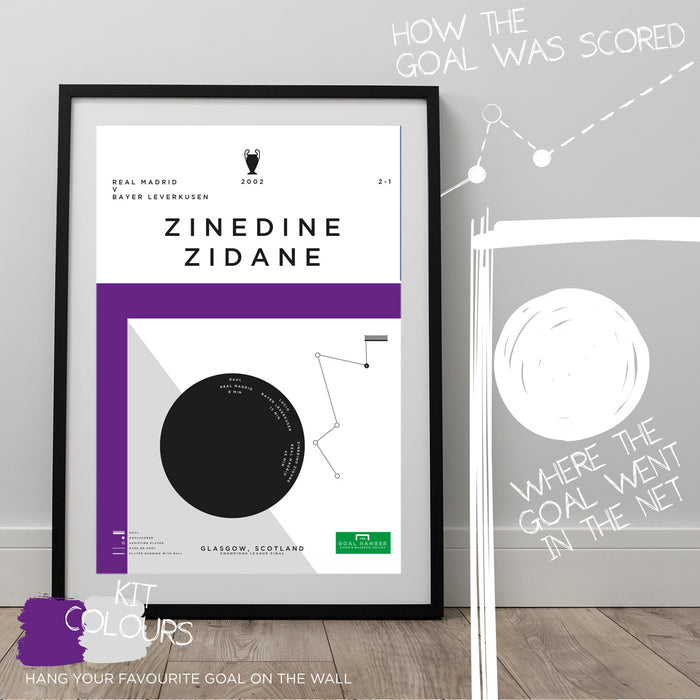 Football art poster illustrating Zinedine Zidane’s iconic volley for Real Madrid in the 2002 Champions League final. The perfect gift idea for any Real Madrid football fan.