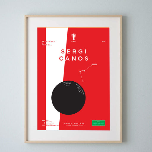 Infographic football goal print illustrating Sergi Canos goal for Brentford against Arsenal